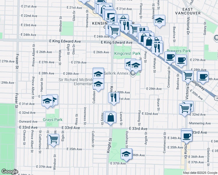 map of restaurants, bars, coffee shops, grocery stores, and more near in Vancouver