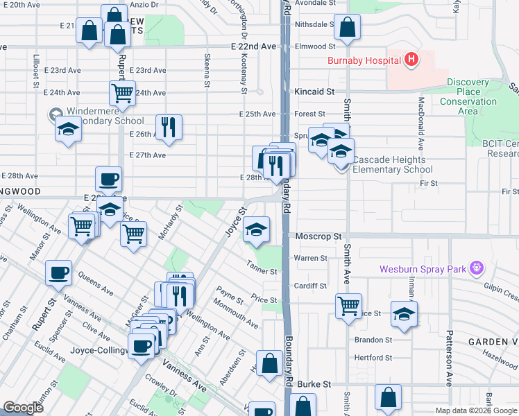 map of restaurants, bars, coffee shops, grocery stores, and more near 4541 Hoy Street in Vancouver