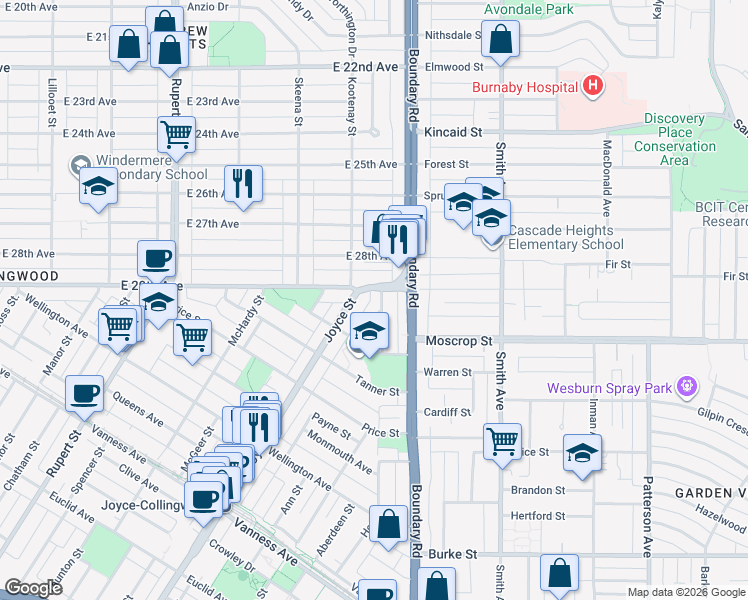 map of restaurants, bars, coffee shops, grocery stores, and more near 4541 Hoy Street in Vancouver