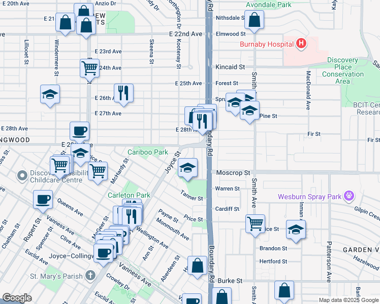map of restaurants, bars, coffee shops, grocery stores, and more near 4541 Hoy Street in Vancouver