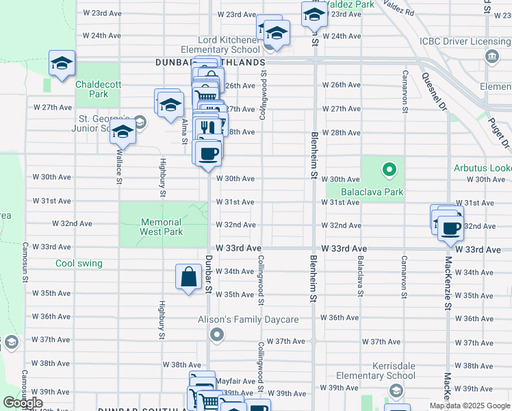 map of restaurants, bars, coffee shops, grocery stores, and more near 4703 Collingwood Street in Vancouver