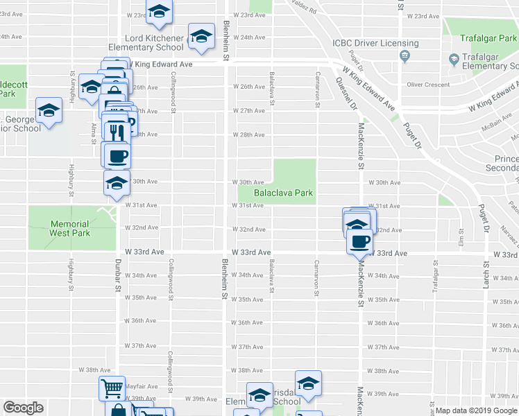 map of restaurants, bars, coffee shops, grocery stores, and more near 3230 West 31st Avenue in Vancouver