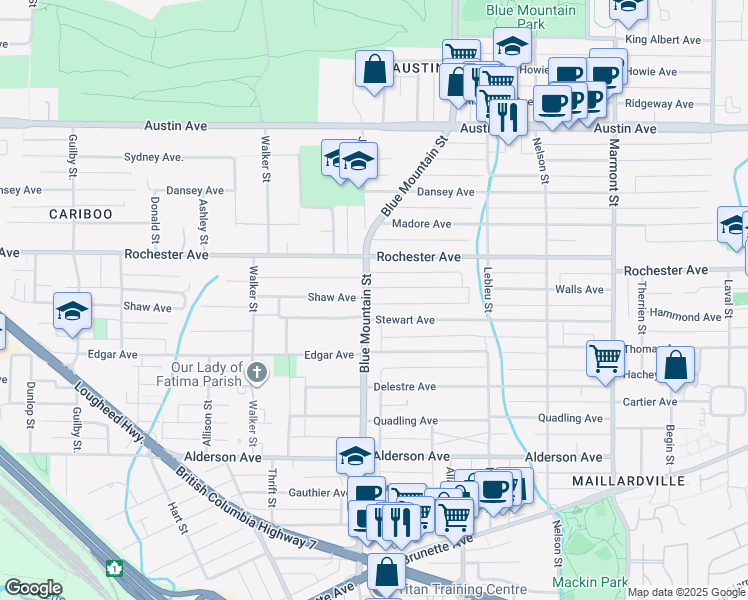 map of restaurants, bars, coffee shops, grocery stores, and more near 371 Blue Mountain Street in Coquitlam
