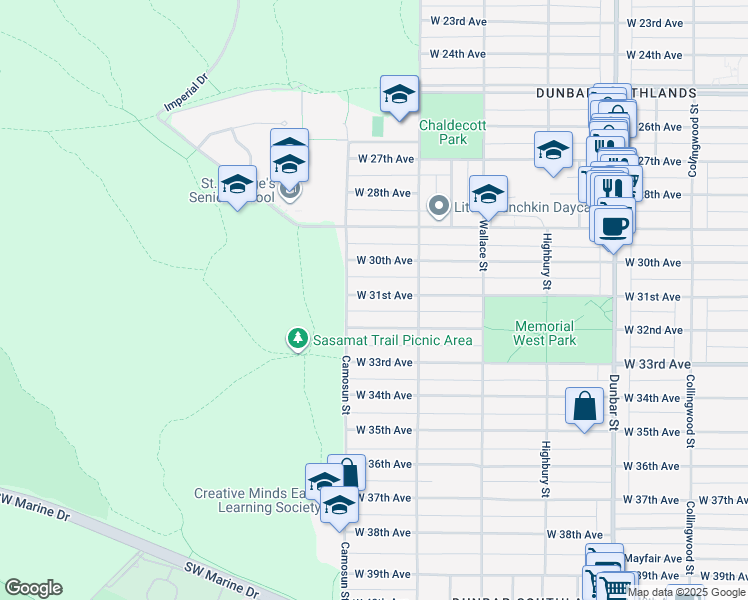 map of restaurants, bars, coffee shops, grocery stores, and more near 4054 West 31st Avenue in Vancouver