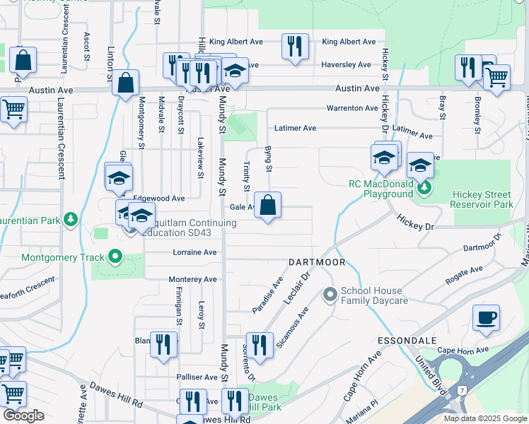 map of restaurants, bars, coffee shops, grocery stores, and more near 2250 Gale Avenue in Coquitlam