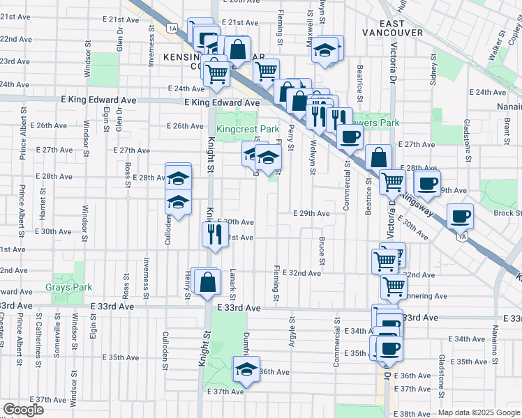 map of restaurants, bars, coffee shops, grocery stores, and more near 4538 Dumfries Street in Vancouver
