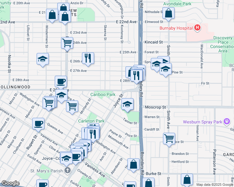 map of restaurants, bars, coffee shops, grocery stores, and more near 3580 East 29th Avenue in Vancouver