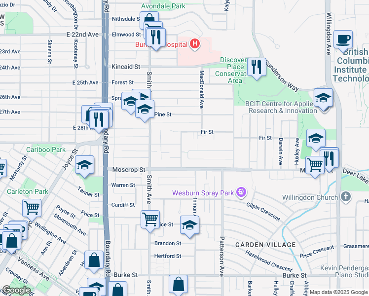 map of restaurants, bars, coffee shops, grocery stores, and more near 4526 Inman Avenue in Burnaby