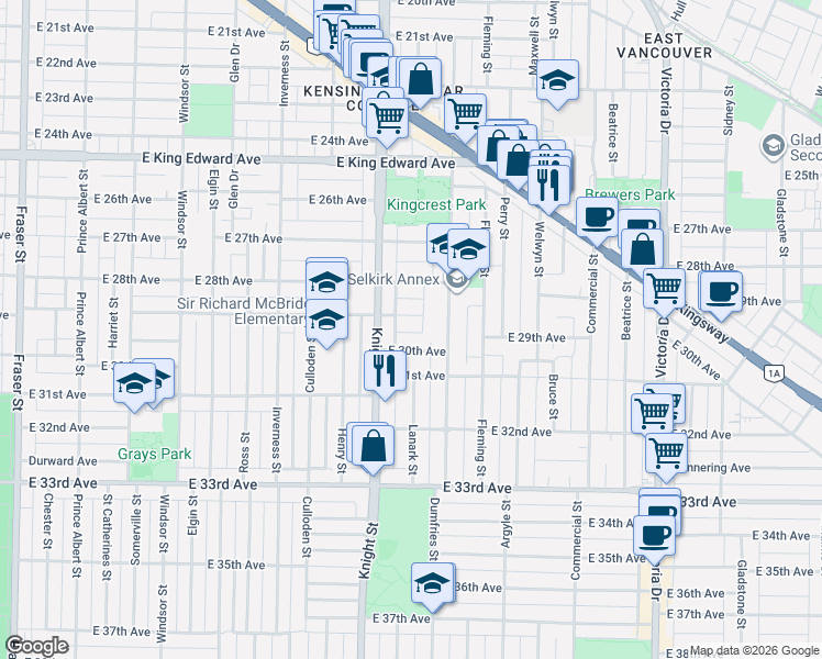 map of restaurants, bars, coffee shops, grocery stores, and more near 1419 East 30th Avenue in Vancouver