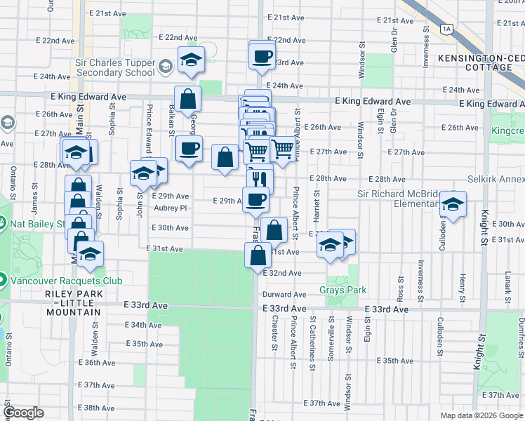 map of restaurants, bars, coffee shops, grocery stores, and more near in Vancouver