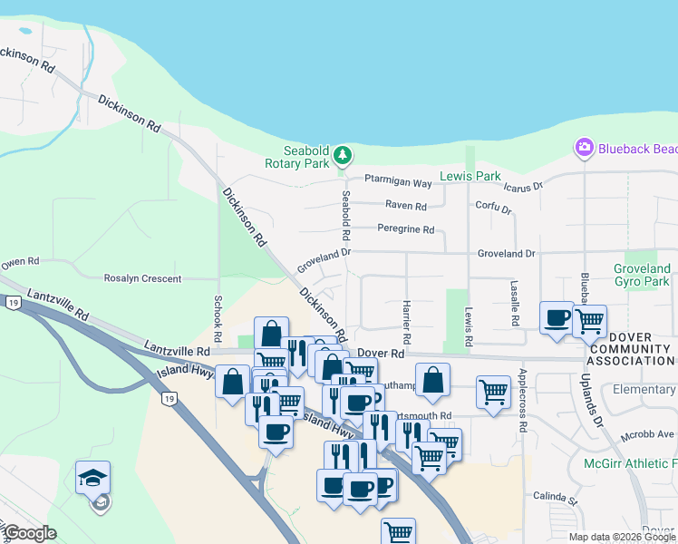 map of restaurants, bars, coffee shops, grocery stores, and more near 6595 Groveland Drive in Nanaimo