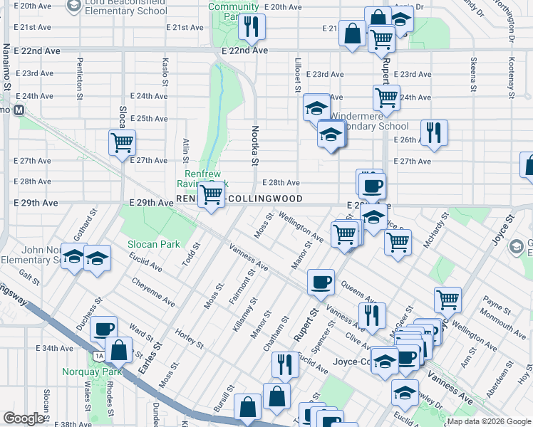 map of restaurants, bars, coffee shops, grocery stores, and more near 3092 Wellington Avenue in Vancouver