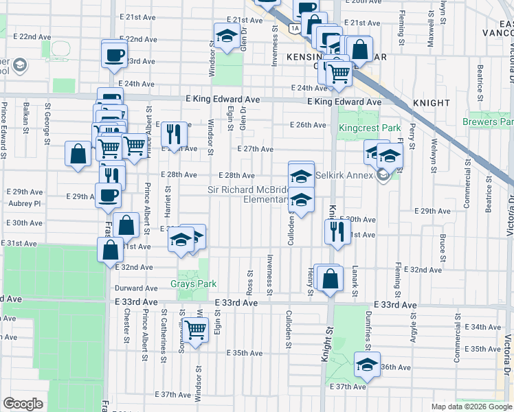 map of restaurants, bars, coffee shops, grocery stores, and more near 4526 Ross Street in Vancouver