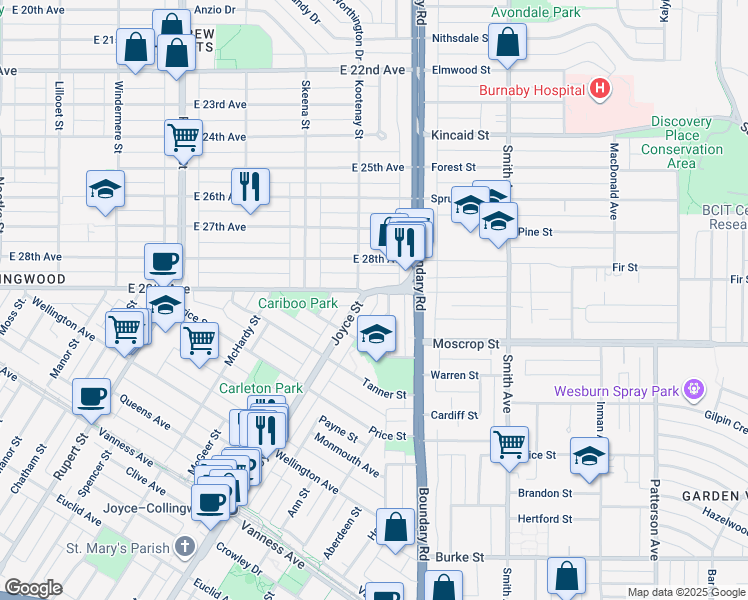 map of restaurants, bars, coffee shops, grocery stores, and more near in Vancouver