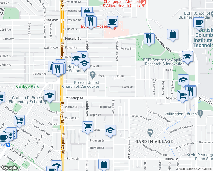 map of restaurants, bars, coffee shops, grocery stores, and more near 4526 Inman Avenue in Burnaby
