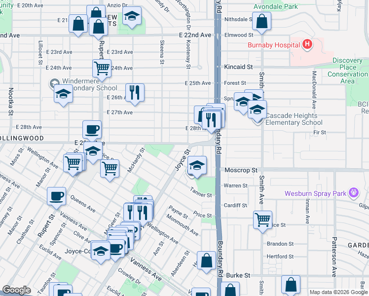 map of restaurants, bars, coffee shops, grocery stores, and more near 3592 East 29th Avenue in Vancouver