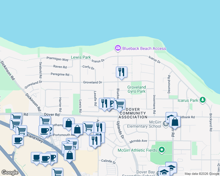map of restaurants, bars, coffee shops, grocery stores, and more near 6255 Blueback Road in Nanaimo