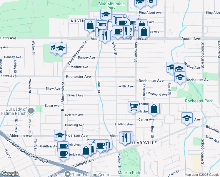map of restaurants, bars, coffee shops, grocery stores, and more near 1020 Walls Avenue in Coquitlam