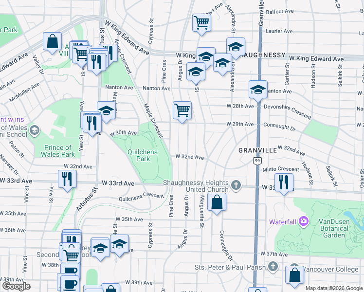 map of restaurants, bars, coffee shops, grocery stores, and more near 4637 Angus Drive in Vancouver