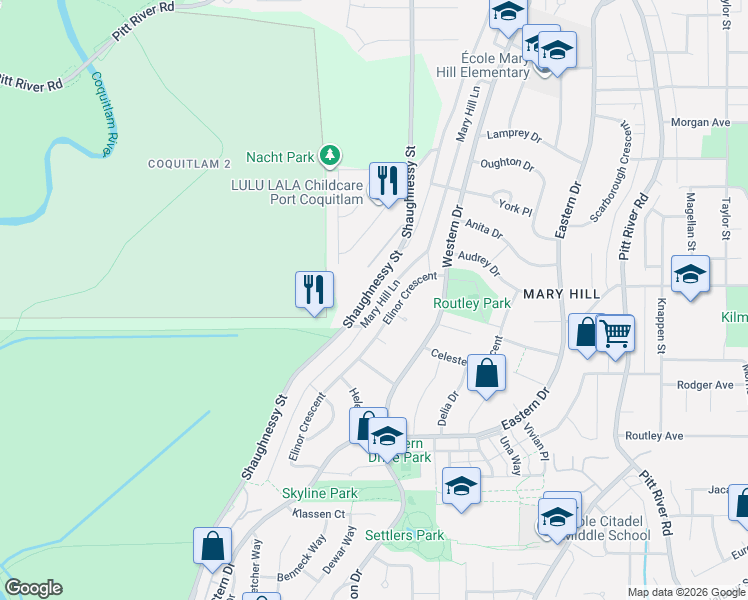 map of restaurants, bars, coffee shops, grocery stores, and more near 1566 Shaughnessy Street in Port Coquitlam