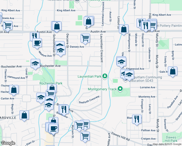 map of restaurants, bars, coffee shops, grocery stores, and more near 1723 Hammond Avenue in Coquitlam