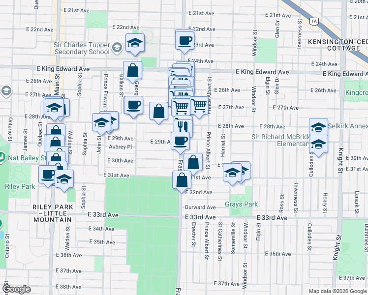 map of restaurants, bars, coffee shops, grocery stores, and more near 4550 Fraser Street in Vancouver