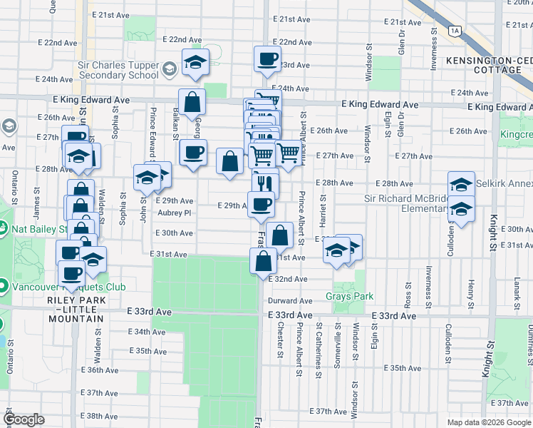 map of restaurants, bars, coffee shops, grocery stores, and more near 4550 Fraser Street in Vancouver