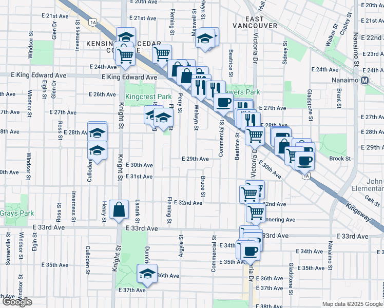 map of restaurants, bars, coffee shops, grocery stores, and more near 4529 Welwyn Street in Vancouver