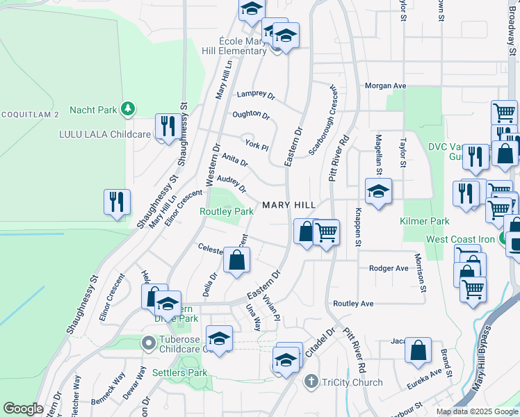map of restaurants, bars, coffee shops, grocery stores, and more near 2116 Audrey Drive in Port Coquitlam