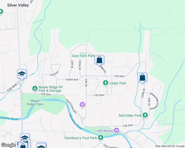 map of restaurants, bars, coffee shops, grocery stores, and more near 23645 133 Avenue in Maple Ridge