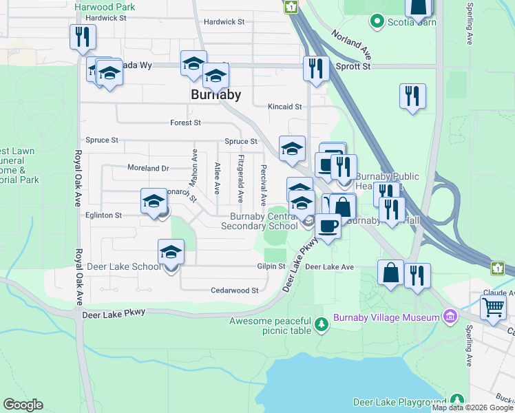 map of restaurants, bars, coffee shops, grocery stores, and more near 4507 Percival Avenue in Burnaby