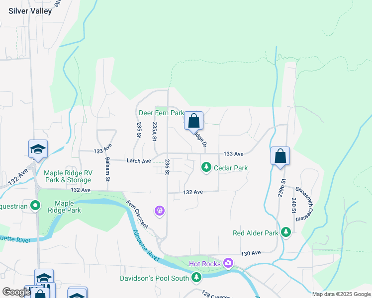 map of restaurants, bars, coffee shops, grocery stores, and more near 23669 133 Avenue in Maple Ridge