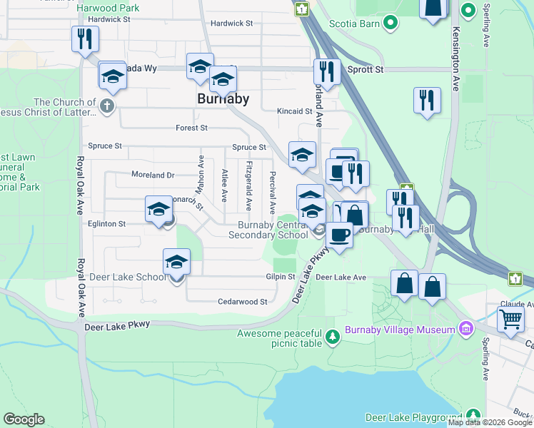 map of restaurants, bars, coffee shops, grocery stores, and more near 4507 Percival Avenue in Burnaby