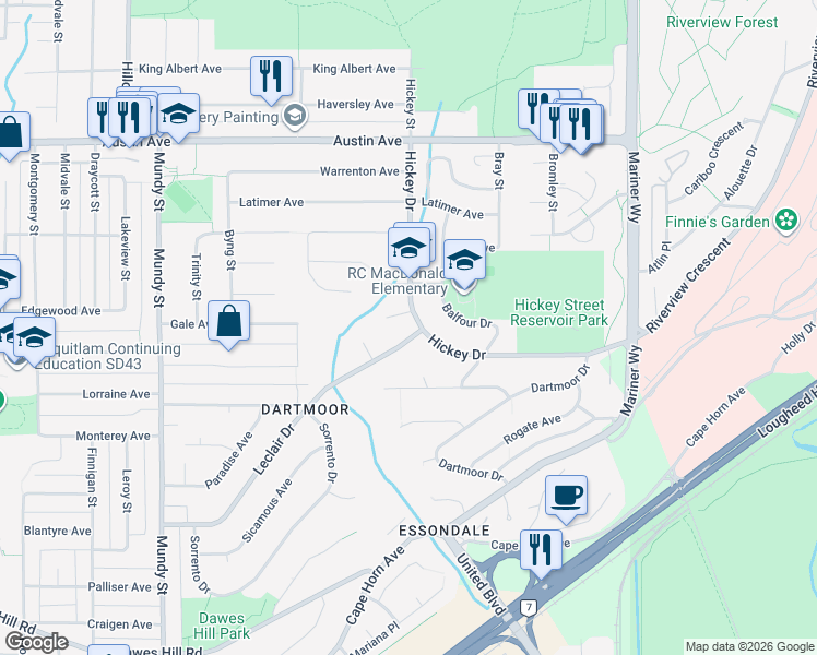 map of restaurants, bars, coffee shops, grocery stores, and more near 385 Hickey Drive in Coquitlam