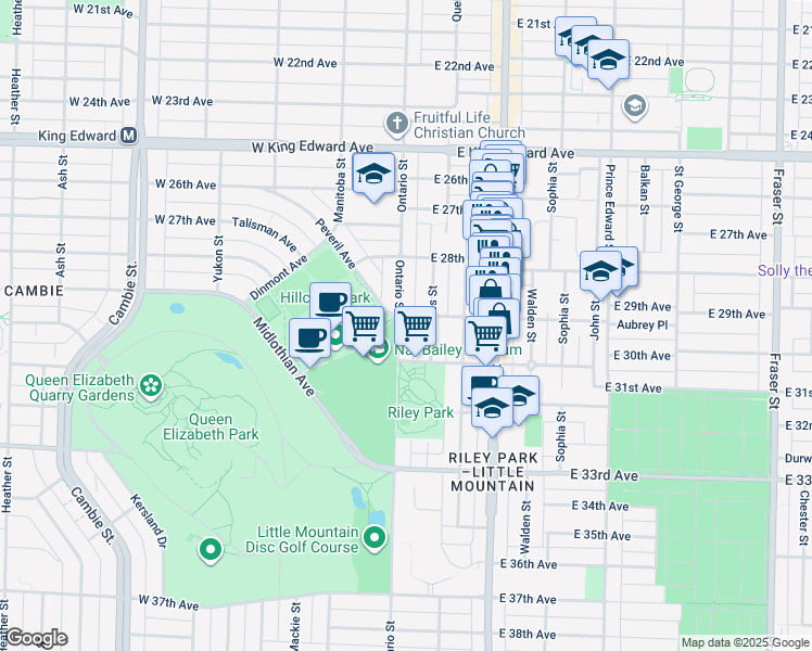 map of restaurants, bars, coffee shops, grocery stores, and more near 4516 Ontario Street in Vancouver