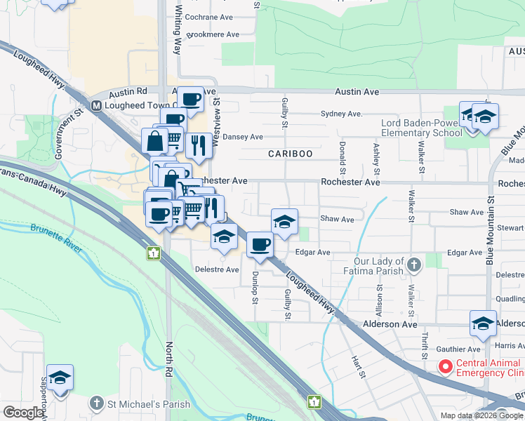 map of restaurants, bars, coffee shops, grocery stores, and more near 601 Shaw Avenue in Coquitlam
