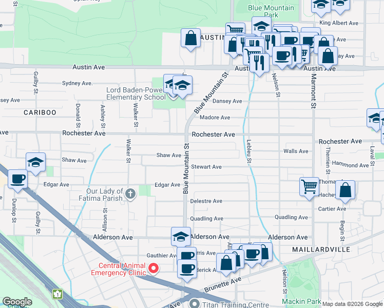 map of restaurants, bars, coffee shops, grocery stores, and more near 375 Blue Mountain Street in Coquitlam