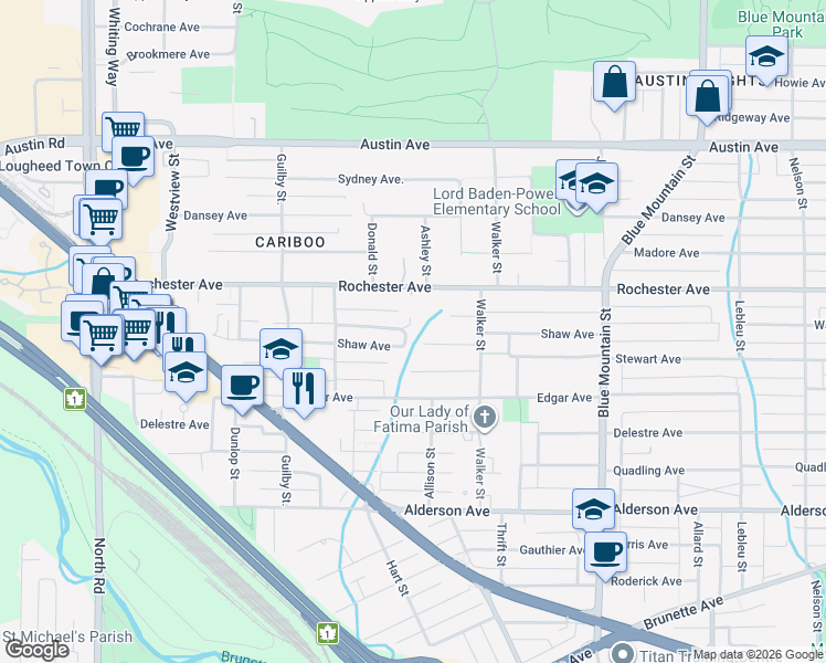 map of restaurants, bars, coffee shops, grocery stores, and more near 733 Shaw Avenue in Coquitlam
