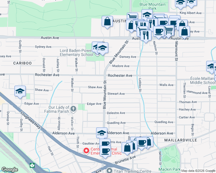map of restaurants, bars, coffee shops, grocery stores, and more near 375 Blue Mountain Street in Coquitlam