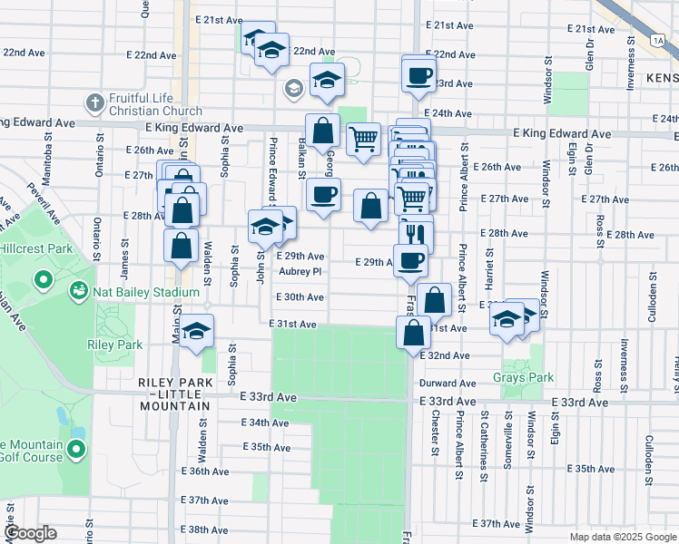 map of restaurants, bars, coffee shops, grocery stores, and more near 534 East 29th Avenue in Vancouver