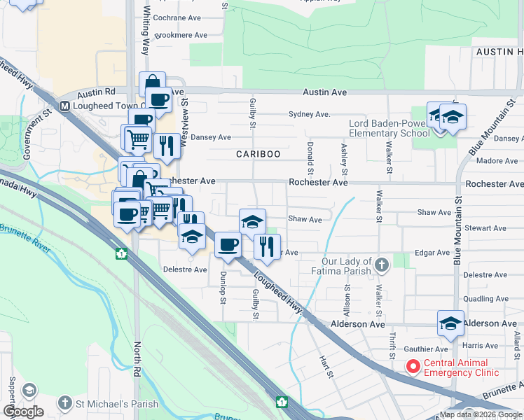 map of restaurants, bars, coffee shops, grocery stores, and more near 369 Guilby Street in Coquitlam