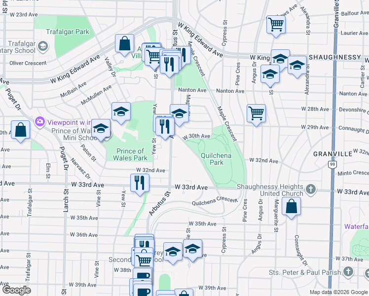 map of restaurants, bars, coffee shops, grocery stores, and more near in Vancouver
