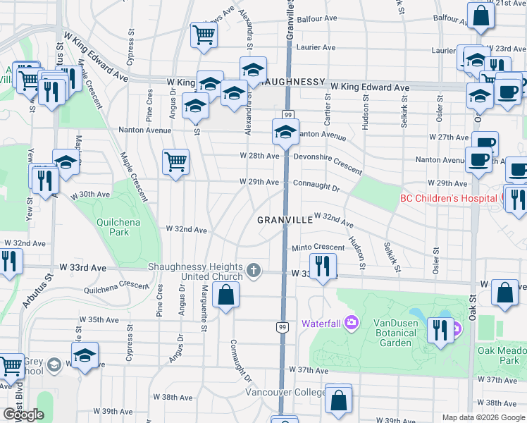 map of restaurants, bars, coffee shops, grocery stores, and more near in Vancouver