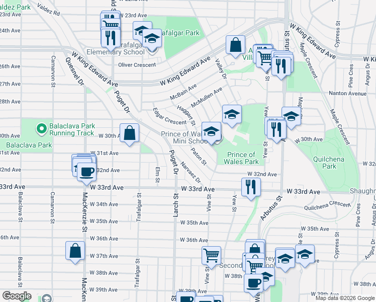 map of restaurants, bars, coffee shops, grocery stores, and more near in Vancouver