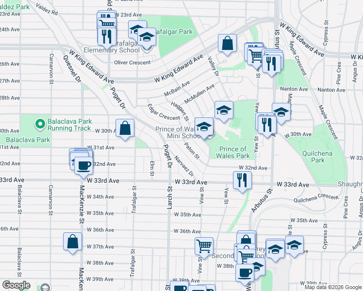 map of restaurants, bars, coffee shops, grocery stores, and more near 4729 Paton Street in Vancouver