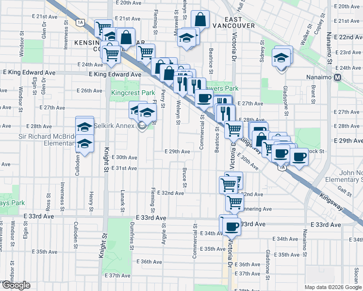 map of restaurants, bars, coffee shops, grocery stores, and more near 4520 Welwyn Street in Vancouver