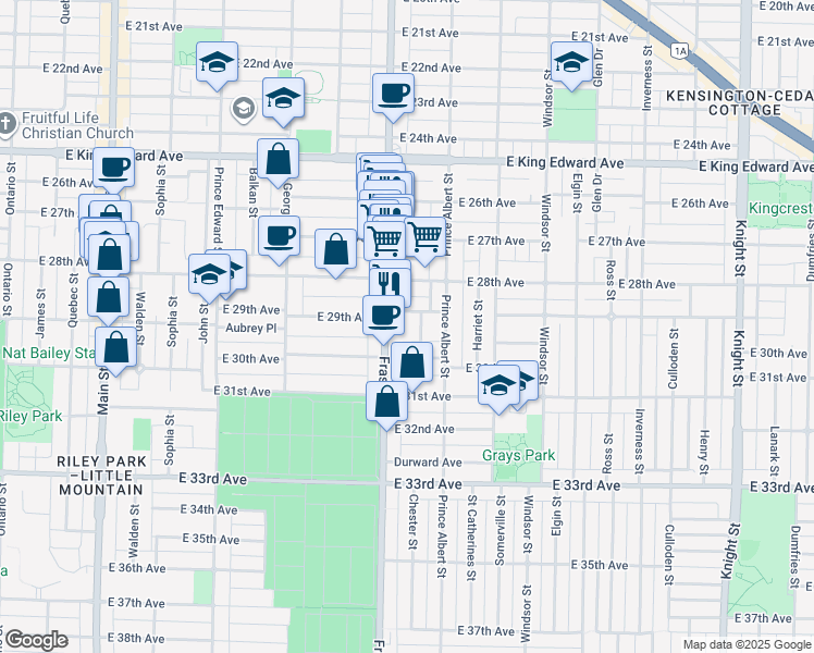 map of restaurants, bars, coffee shops, grocery stores, and more near 732 East 29th Avenue in Vancouver