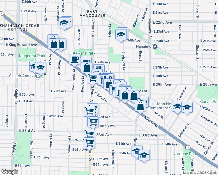 map of restaurants, bars, coffee shops, grocery stores, and more near 2141 Kingsway in Vancouver
