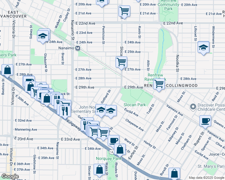 map of restaurants, bars, coffee shops, grocery stores, and more near 4516 Gothard Street in Vancouver