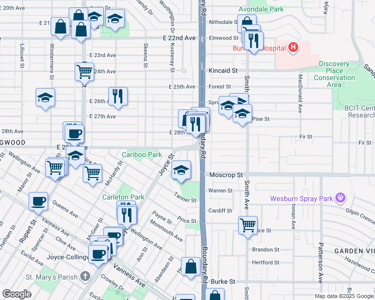 map of restaurants, bars, coffee shops, grocery stores, and more near 4514 Hoy Street in Vancouver